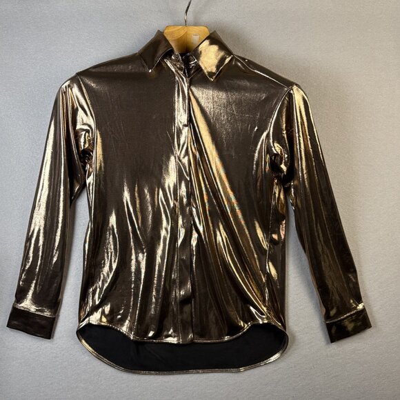 Anthropologie Gillian Liquid Shine Button Front Shirt Gold Size XXS Blue Blood - Picture 3 of 10